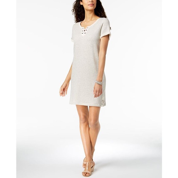 Style & Co. Dresses & Skirts - Style & Co Heather Gray Short Sleeve Lace Up French Terry Dress